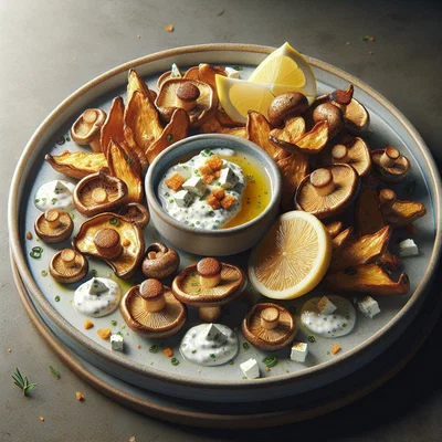 Gebackene Austernpilze mit Feta-Zitronen-Dip