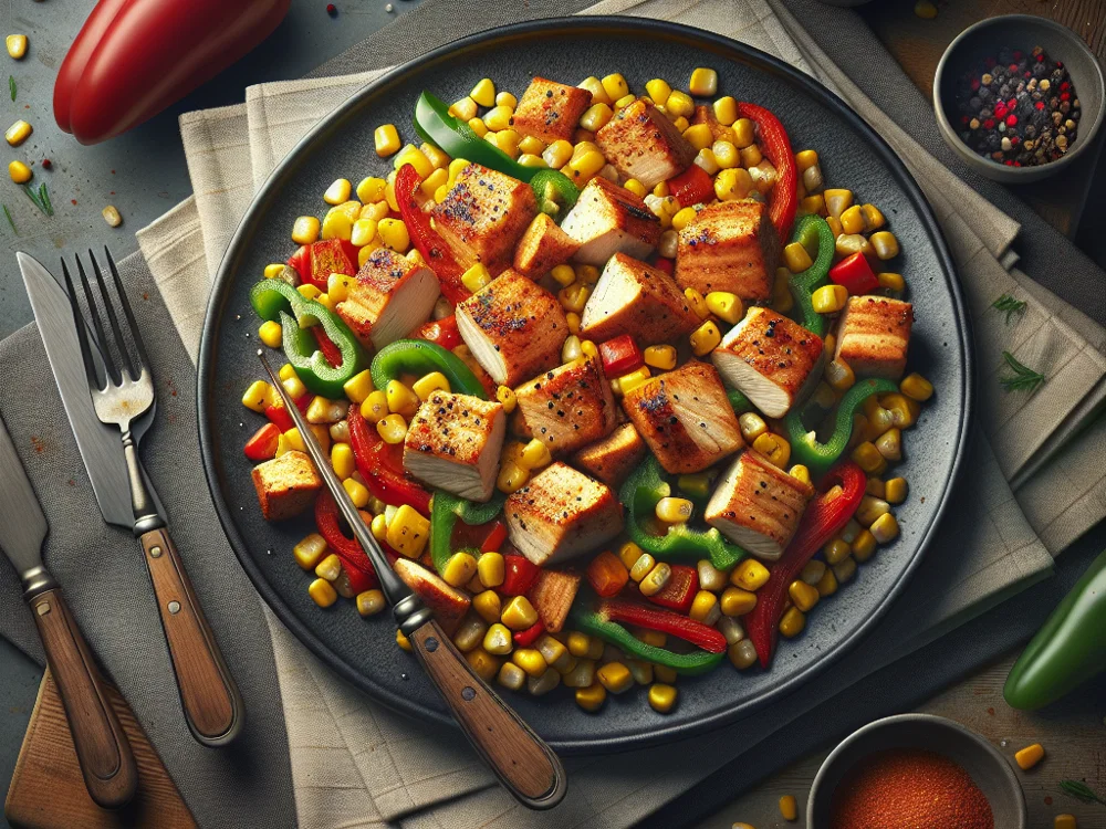 Scharfes Hühnerfleisch mit Mais und Paprika