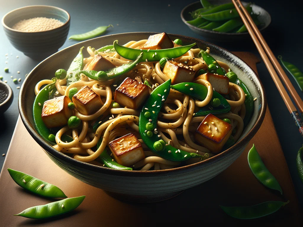 Gebratene Udon-Nudeln mit Tofu und Zuckerschoten
