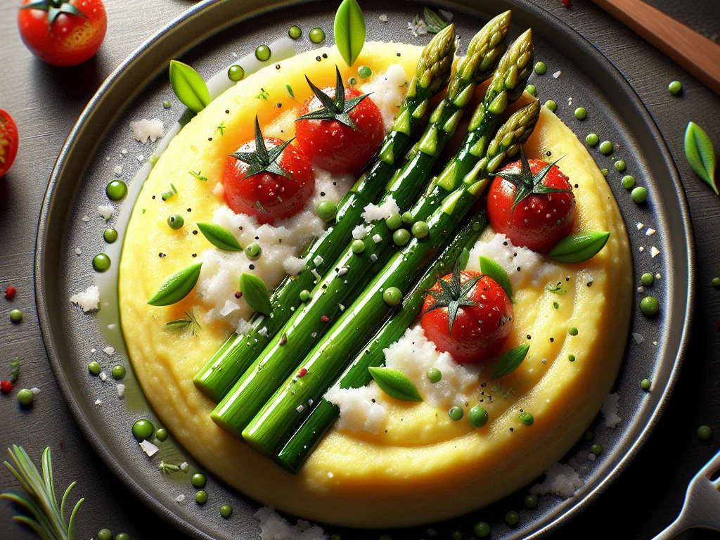 Cremige Polenta mit grünem Spargel und Kirschtomaten