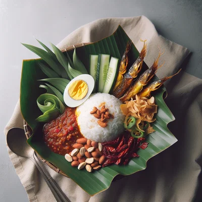 Nasi Lemak mit Sambal, knusprigen Anchovis und Beilagen