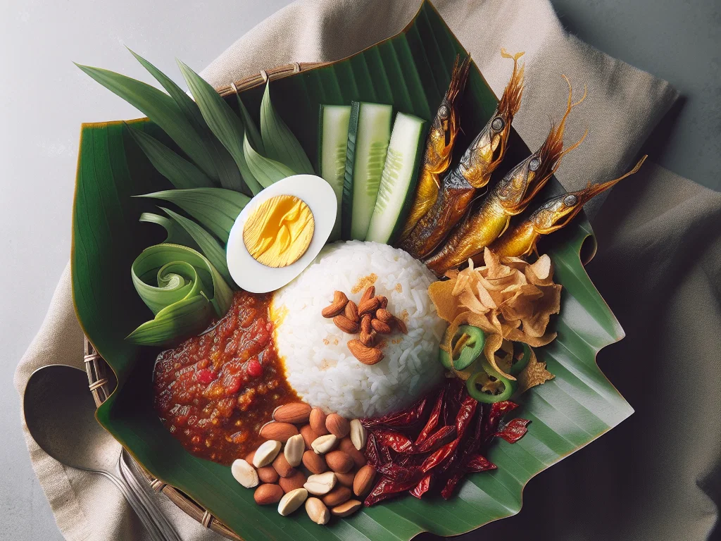 Nasi Lemak mit Sambal, knusprigen Anchovis und Beilagen