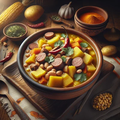 Argentinischer Locro – deftiger Eintopf mit weißem Mais, Rind, Kürbis und Paprika
