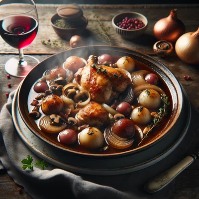 Klassisches Coq au Vin (Huhn in Rotwein)