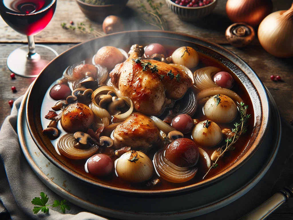 Klassisches Coq au Vin (Huhn in Rotwein)