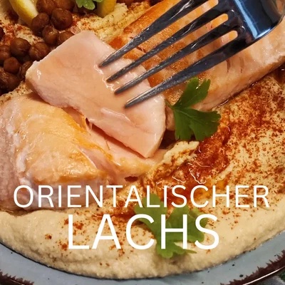 Orientalischer Lachs mit Hummus und gerösteten Kichererbsen