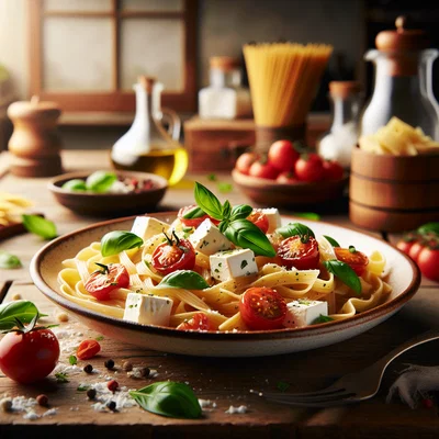 Gebackene Feta-Pasta mit Tomaten und Basilikum