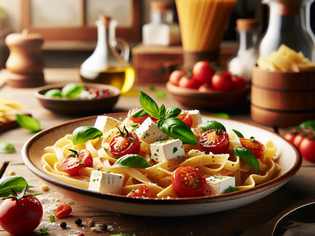 Gebackene Feta-Pasta mit Tomaten und Basilikum