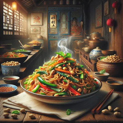 Szechuan Gebratene Nudeln mit Gemüse und Erdnüssen