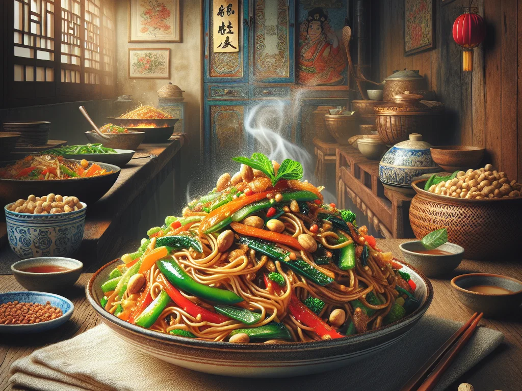 Szechuan Gebratene Nudeln mit Gemüse und Erdnüssen