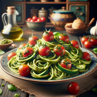 Zucchini-Nudeln mit Pesto und Cherry-Tomaten
