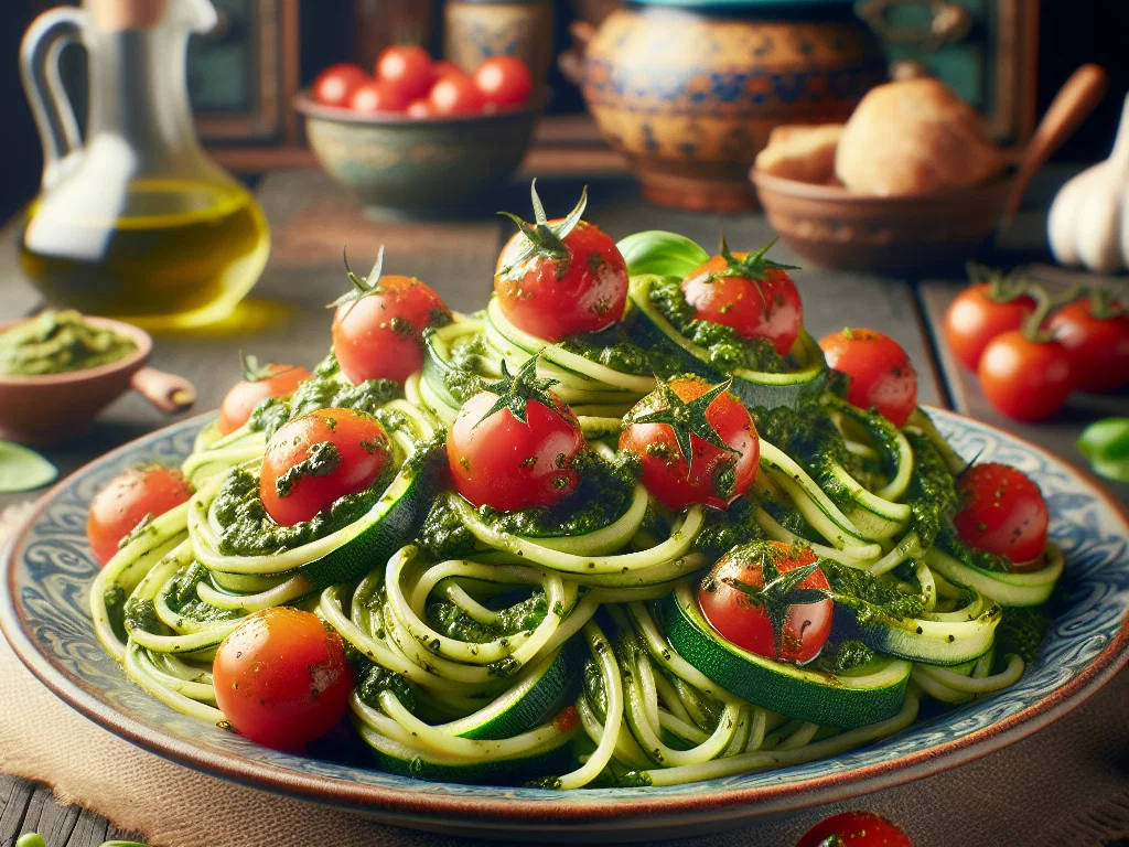 Zucchini-Nudeln mit Pesto und Cherry-Tomaten
