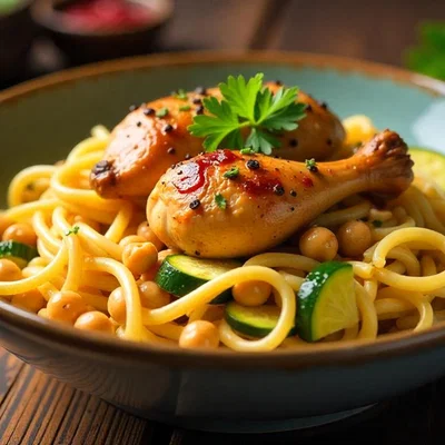 Rechta mit Huhn (Nudeln mit Huhn in Kichererbsen-Zucchini-Sauce)