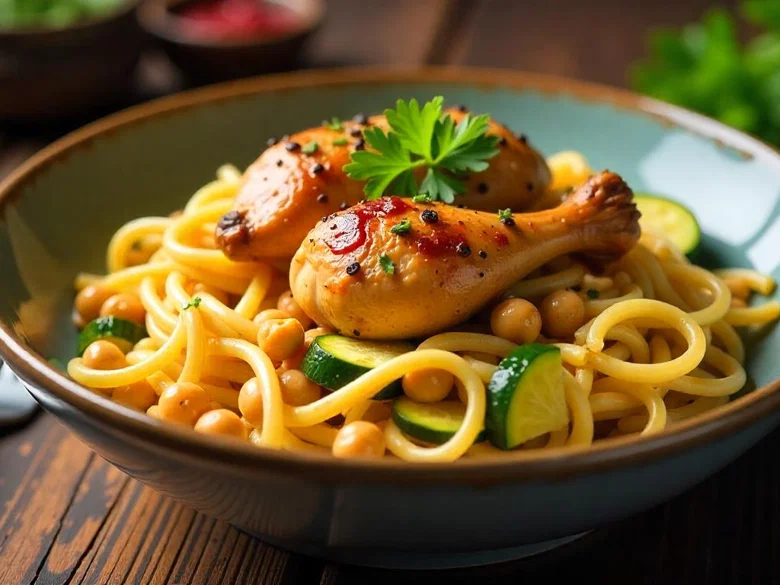 Rechta mit Huhn (Nudeln mit Huhn in Kichererbsen-Zucchini-Sauce)