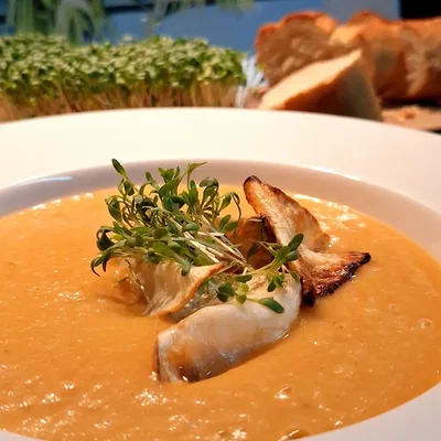 Cremige Selleriesuppe mit Curry und Kresse-Topping