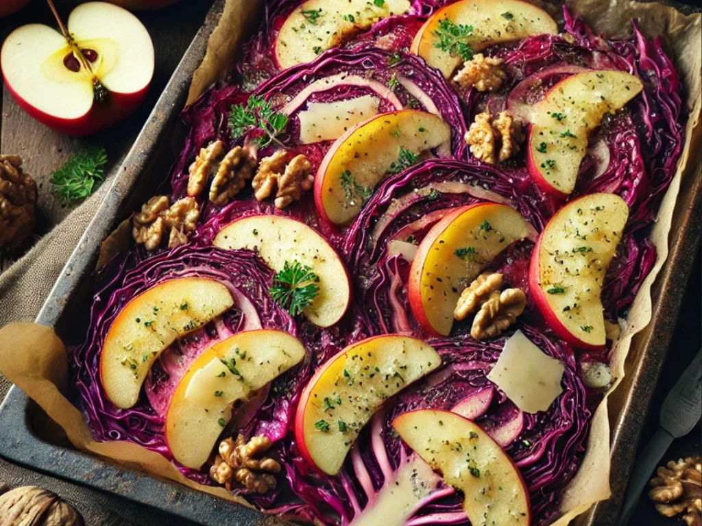 Rotkohl mit Äpfeln, Walnüssen und veganem Parmesan