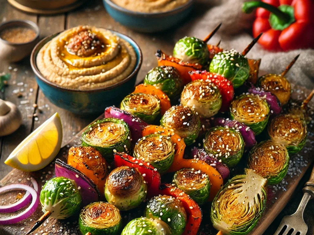 Vegane Rosenkohl-Spieße mit Sesam-Miso-Glasur und Hummus-Dip