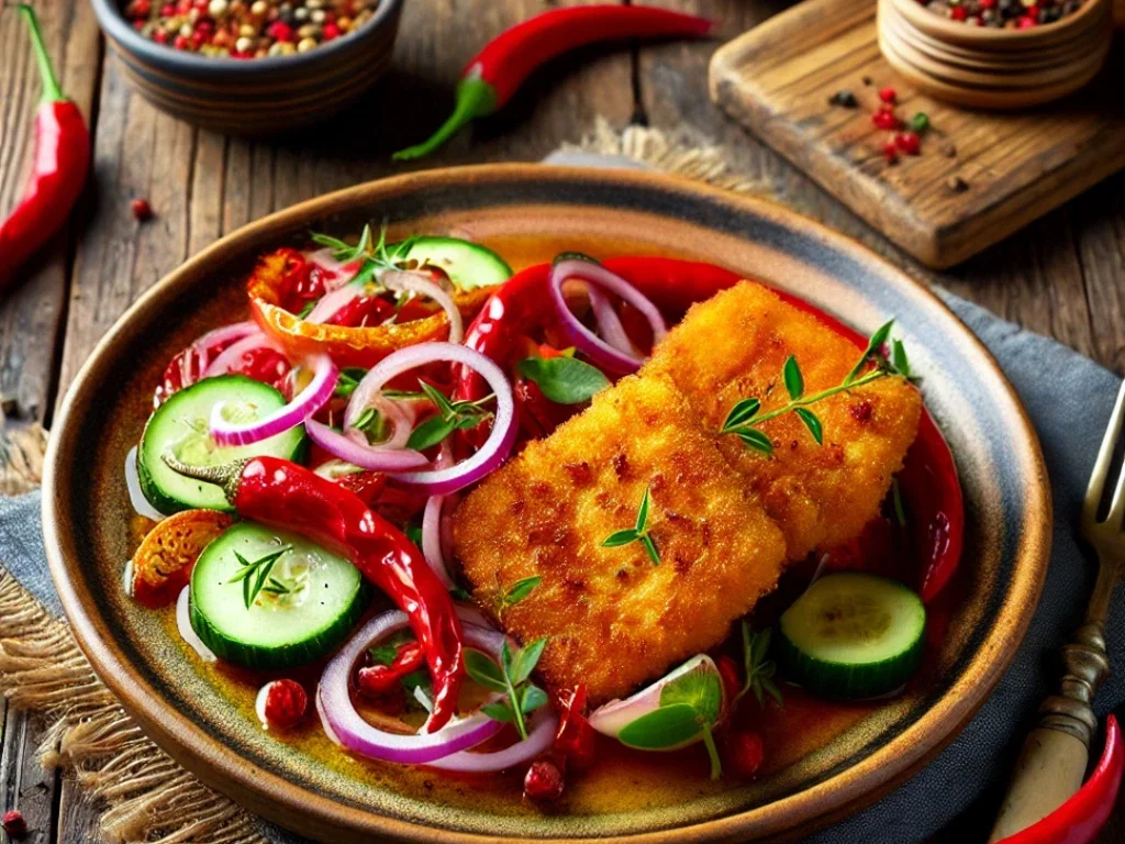 Feta-Schnitzel mit Paprika-Chili-Salat