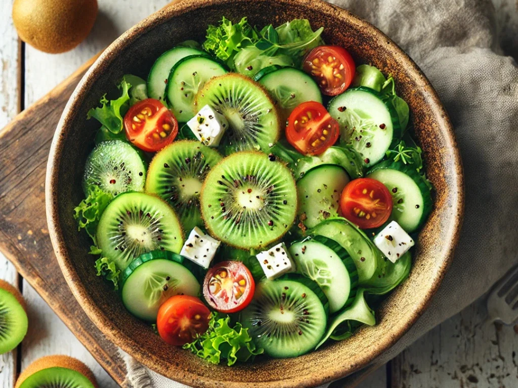 Frischer Kiwi-Gurken-Salat mit veganem Feta