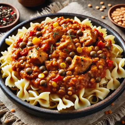 Hähnchen-Linsen-Bolognese mit Vollkornnudeln
