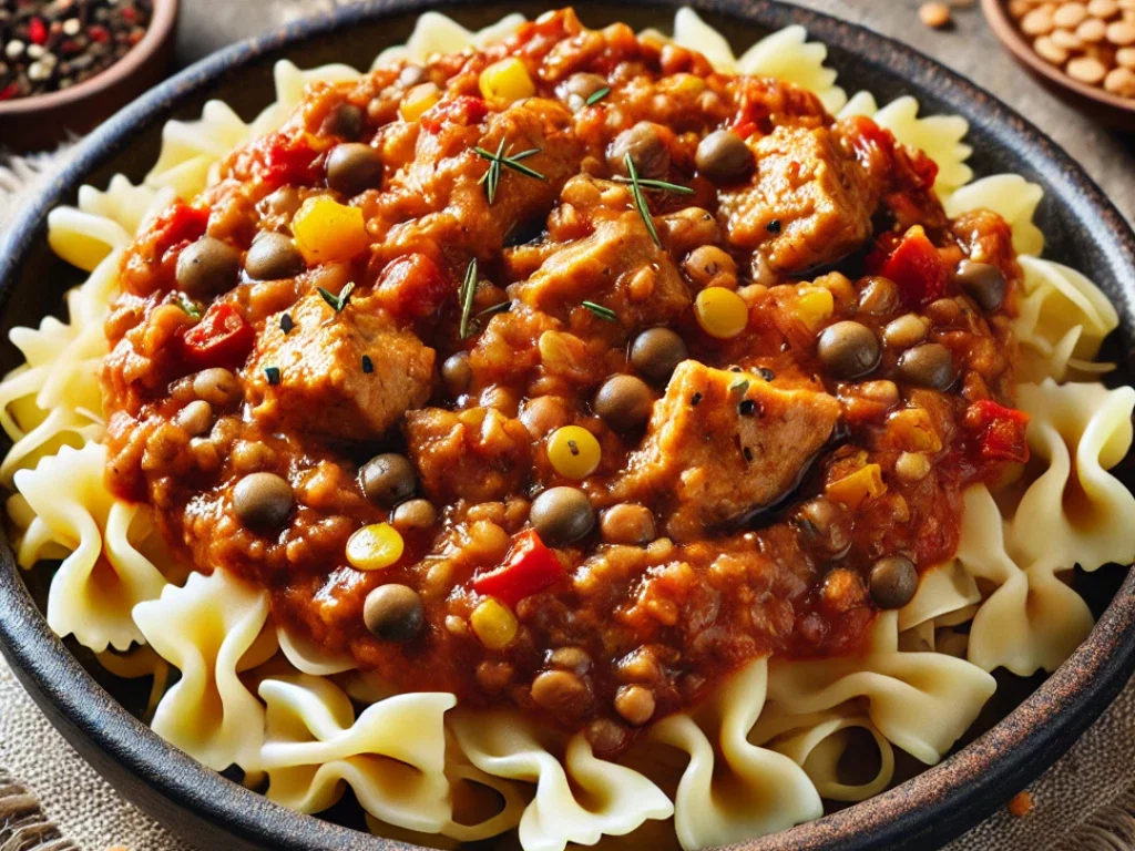 Hähnchen-Linsen-Bolognese mit Vollkornnudeln