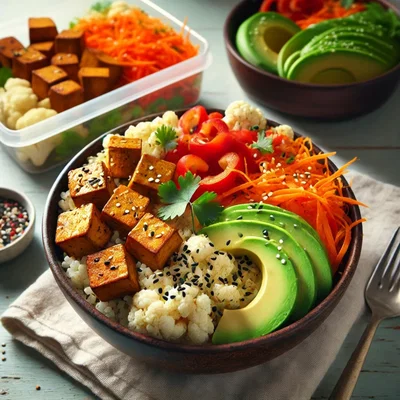 Bunte Tempeh-Bowl mit Blumenkohlreis