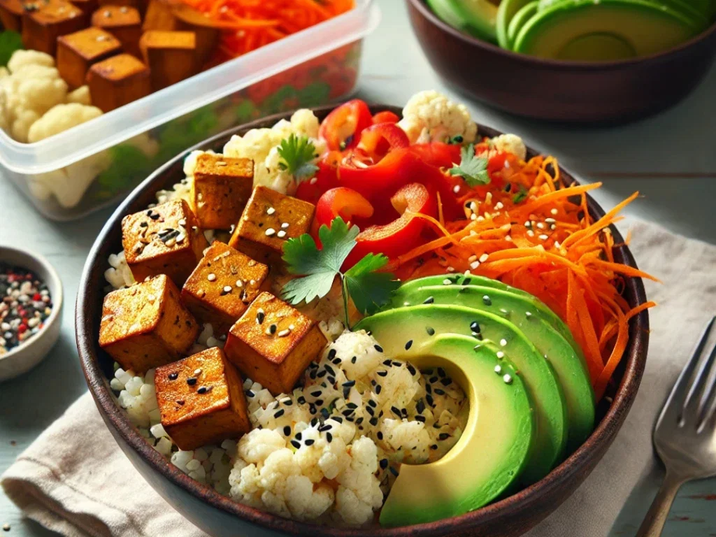 Bunte Tempeh-Bowl mit Blumenkohlreis