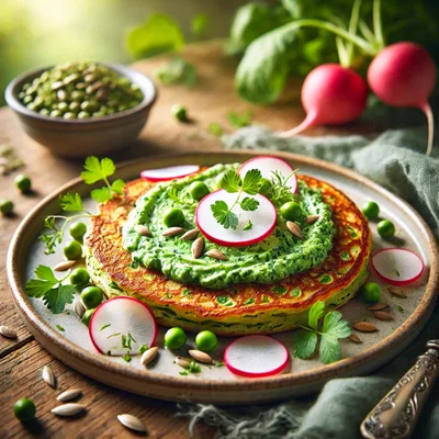 Frühlingshafte Kräuter-Pfannkuchen mit Erbsencreme & Radieschen