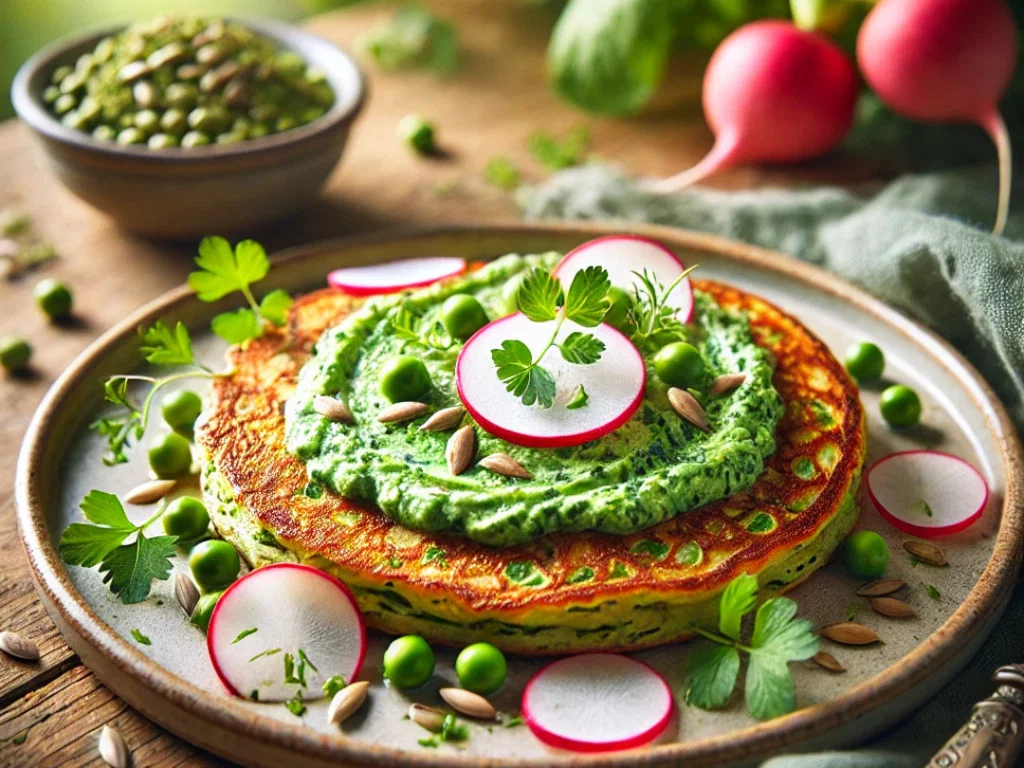 Frühlingshafte Kräuter-Pfannkuchen mit Erbsencreme & Radieschen
