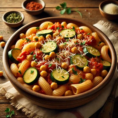 Cremige Kichererbsen-Tomaten-Pasta mit Zucchini