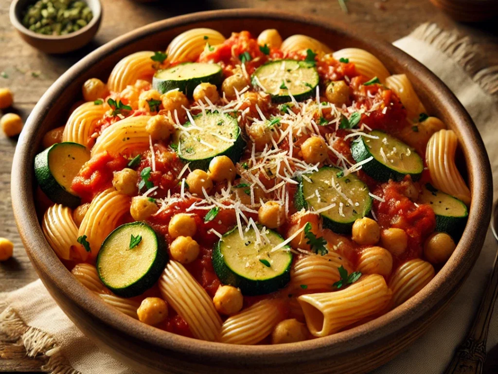 Cremige Kichererbsen-Tomaten-Pasta mit Zucchini