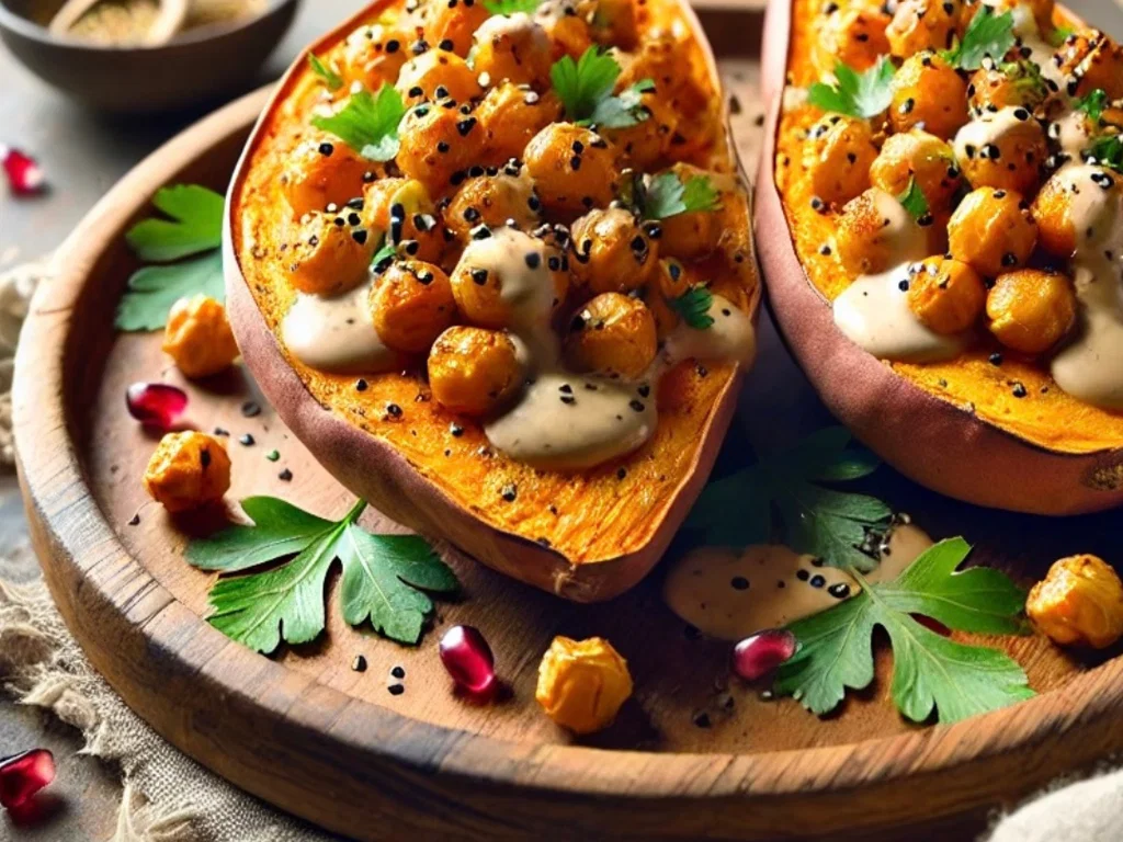 Geröstete Süßkartoffeln mit würzigem Kichererbsen-Topping & Tahini-Dressing