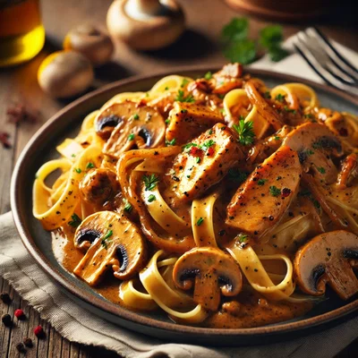 Linguine mit würziger Puten-Paprika-Sahnesauce & gerösteten Pilzen