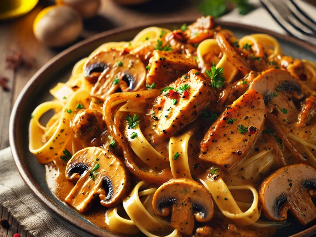 Linguine mit würziger Puten-Paprika-Sahnesauce & gerösteten Pilzen