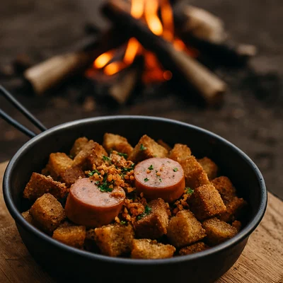 Wurstbrot-Pfanne mit Zwiebelcrunch