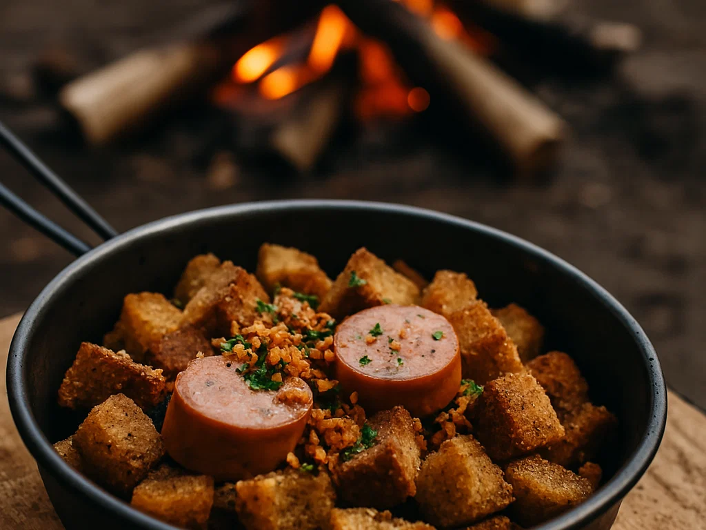 Wurstbrot-Pfanne mit Zwiebelcrunch