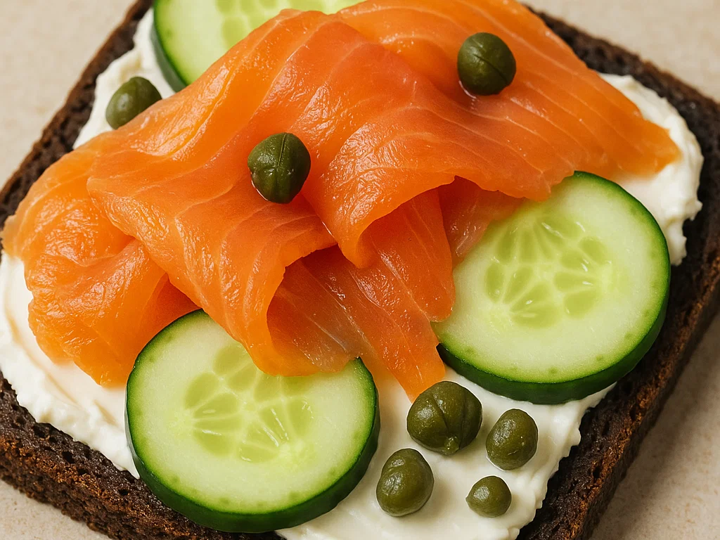 Pikantes Pumpernickel mit Räucherlachs, Gurke und Kapern