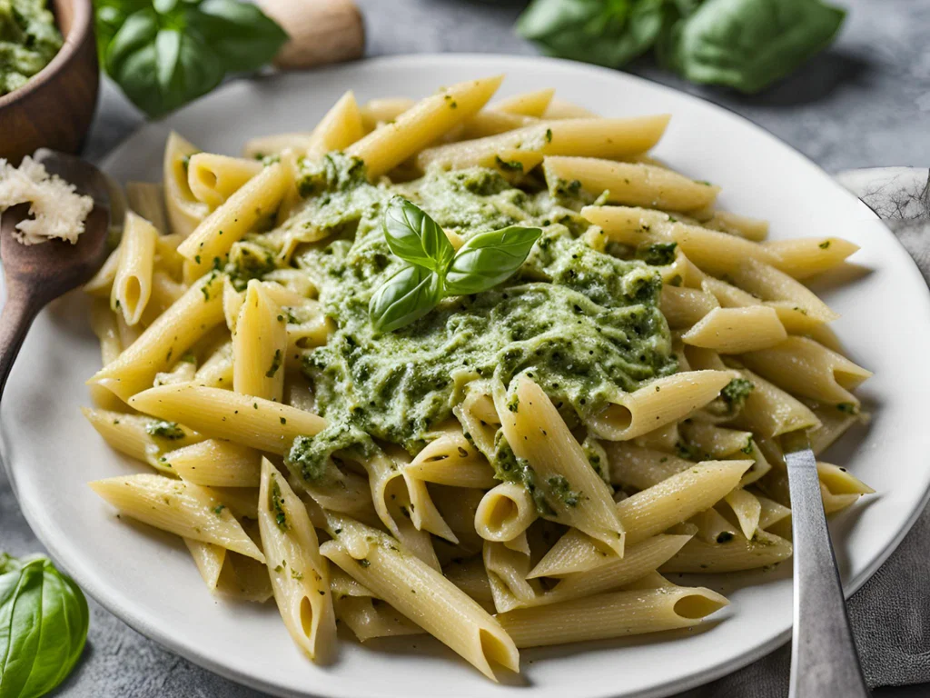 Penne mit grünem Pesto und Sonnenblumenkernen