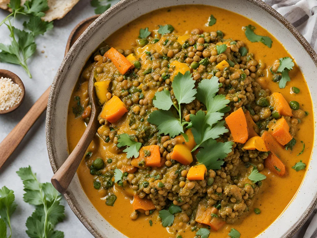 Curry mit grünen Linsen und geröstetem Roggenbrot