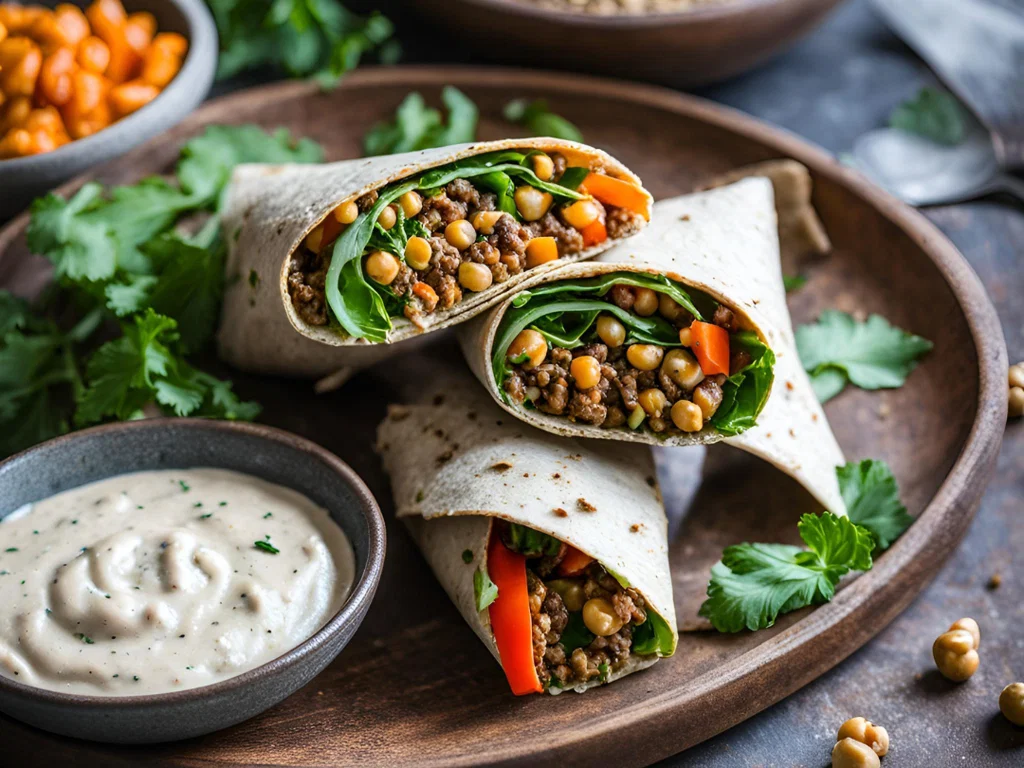 Herzhafte Roggen-Wraps mit Gemüse und Kichererbsen-Dip