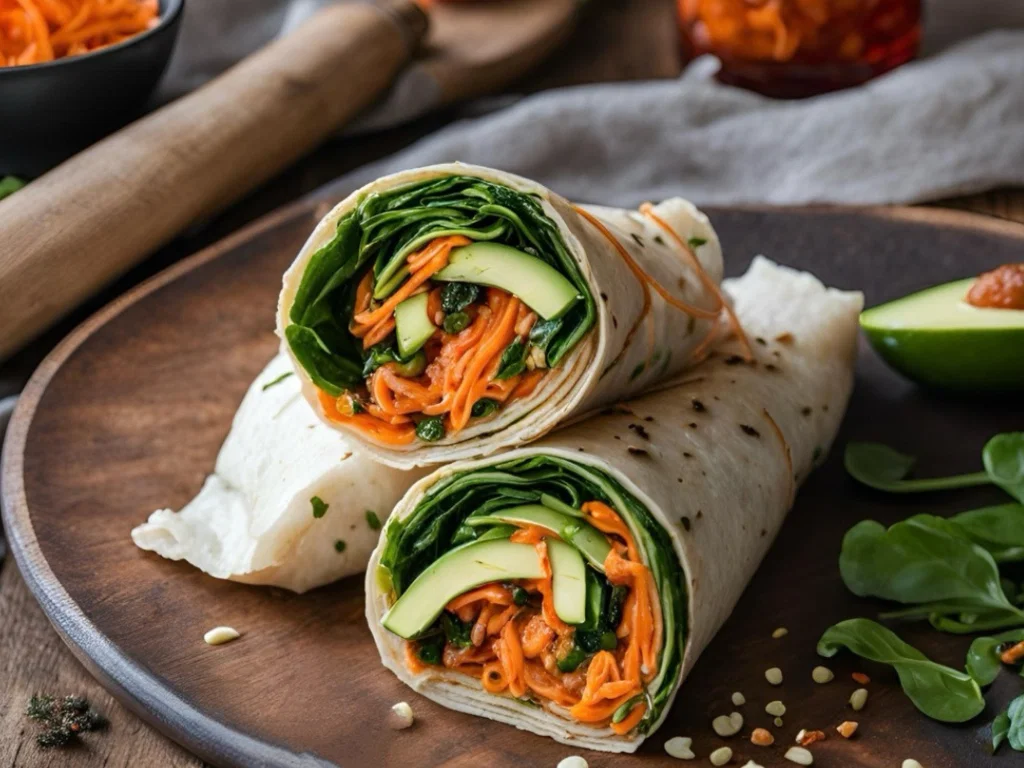 Karamellisierte Karotten-Wraps mit Avocado und Kimchi