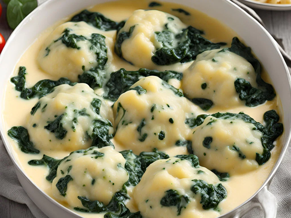 Knödel mit cremigem Spinat und Kräuterschmelzkäse