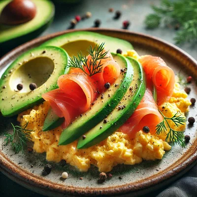 Rührei mit Räucherlachs und Avocado