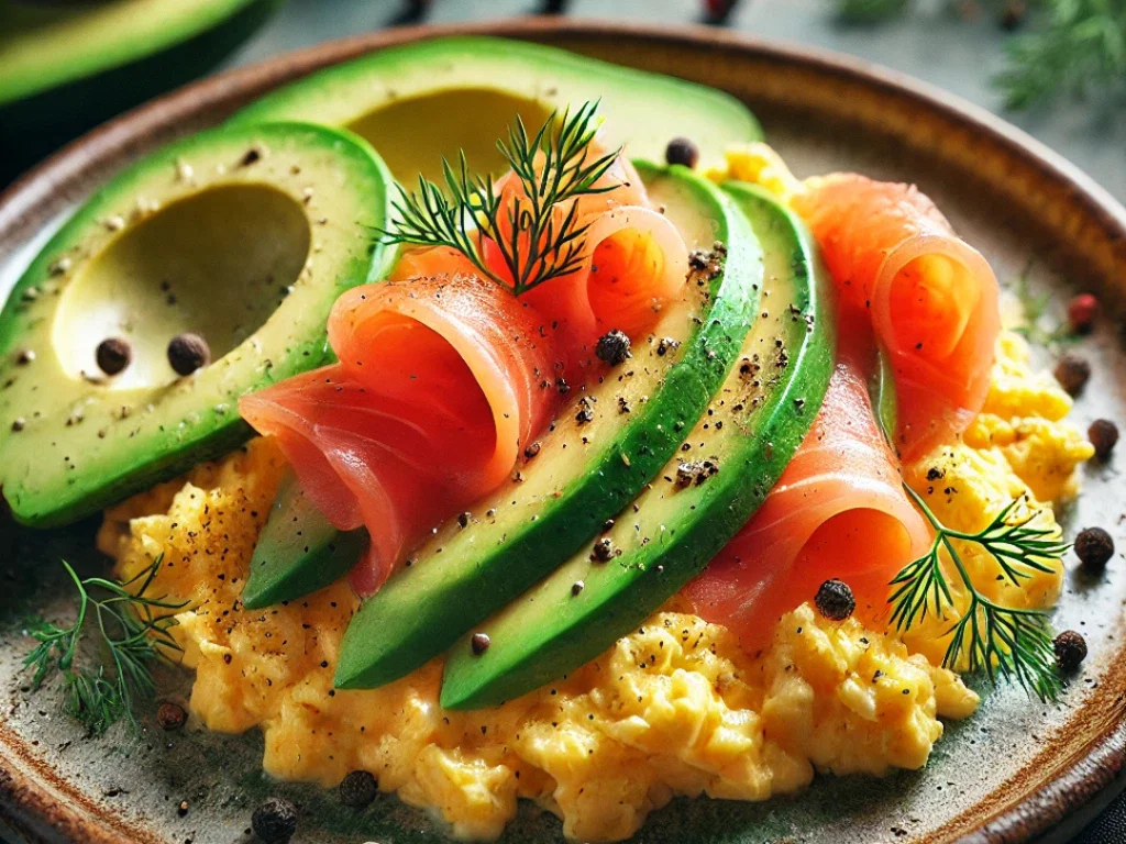Rührei mit Räucherlachs und Avocado