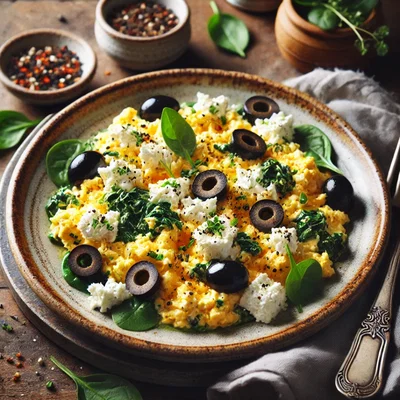Feta-Rührei mit Oliven & Spinat