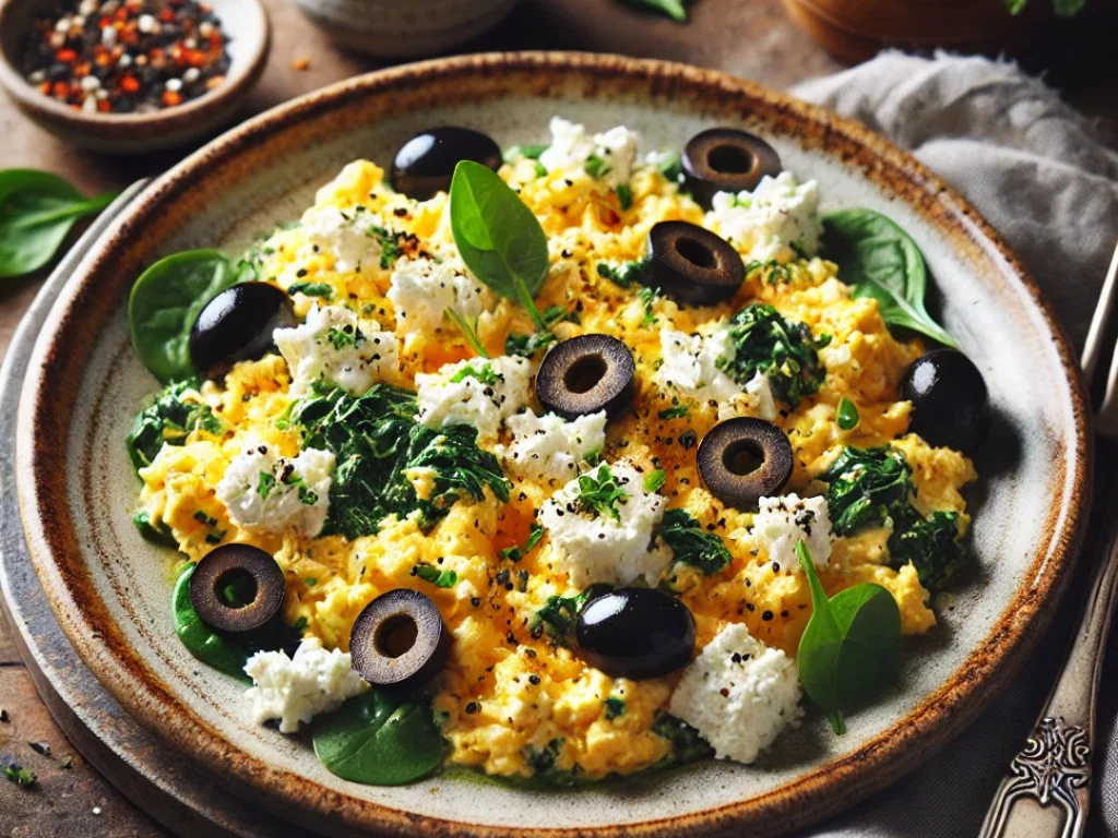 Feta-Rührei mit Oliven & Spinat