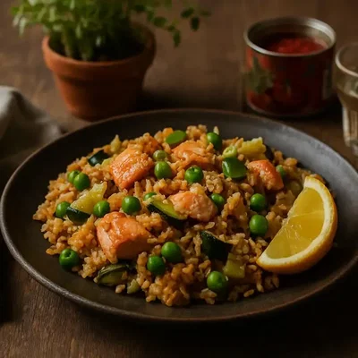 Ruck-Zuck Reispfanne mit Lachs & Gemüseglück