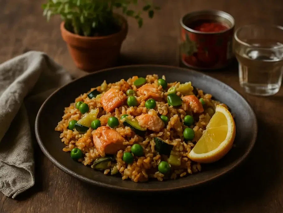 Ruck-Zuck Reispfanne mit Lachs & Gemüseglück
