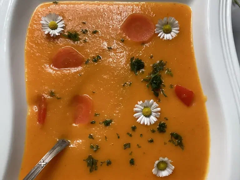 Gretasomis Möhrensuppe mit Gänseblümchen