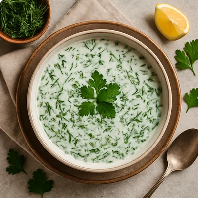 Vegane Dovga – Kräuter-Joghurtsuppe aus Aserbaidschan